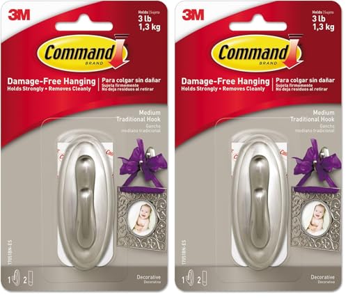 Command Medium Traditional Plastic Hook, Brushed Nickel, 1-Hook, 2-Strips, Decorate Damage-Free (Pack of 2)