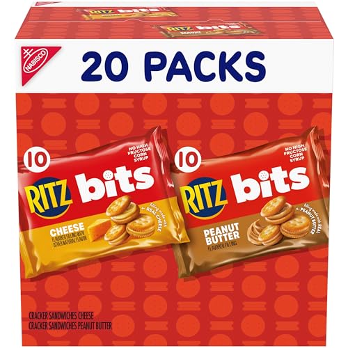 RITZ Bits Cheese and RITZ Bits Peanut Butter Sandwich Crackers Variety Pack, Lunch Snacks, 20 Snack Packs