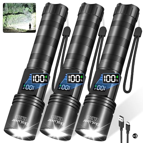 3Pack Rechargeable Flashlights 10000 High Lumens, Super Bright Flashlight with LCD Digital Display, 5Modes Adjustable LED Flashlight Tactical Flashlights High Powered, Flash Lights for Emergency