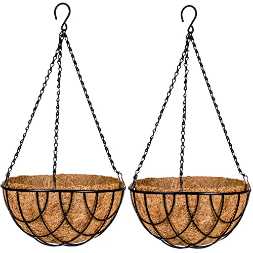 Kingbuy 12 Inch Metal Hanging Planter Basket 2 Pack - with Coconut Fiber Liners, Rustproof 3-Chain System, Quick Drainage for Indoor/Outdoor Window Balcony Patio, Weather-Resistant Coating