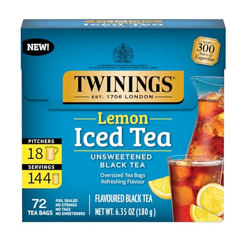 Twinings Lemon Black Iced Tea, 72 Oversized Tea Bags, Makes 18 Pitchers or 144 Servings, Unsweetened, Caffeinated, 72 Count (Pack of 1)