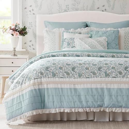Madison Park Dawn 100% Cotton Shabby Chic Comforter Set-Modern Cottage Design All Season Down Alternative Bedding, Matching Shams, Bedskirt, Decorative Pillows, King(104"x92"), Aqua 9 Piece