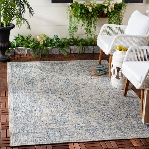 SAFAVIEH Washable Rug Outdoor Courtyard Collection - 4' x 5'7", Grey & Navy, Non-Shedding & Easy Cleaning, Ideal for Patio, Backyard, Mudroom (CY8680-36812)
