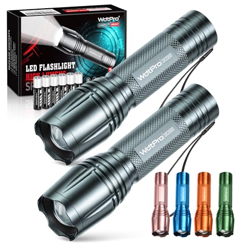 WdtPro LED Flashlight High Lumens SR2000 Pro, 2 Pack Brighter Tactical Flashlights with 5 Modes & Zoomable, Powerful Mini Flash Light for Emergency, Camping, Hiking (Grey)