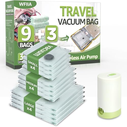 12 Packs Vacuum Bags for Travel with Rechargeable air Pump, 3 Sizes Vacuum Seal Bags for Clothing, Space-Saving Compression Storage Bags for Travel & Closet Organization