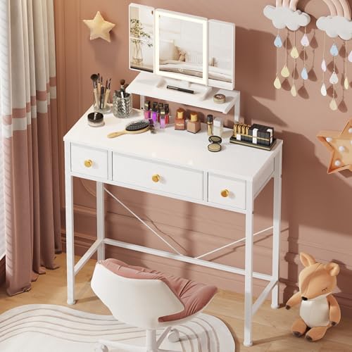 HIGDBFE Small Makeup Vanity Desk 27.5''W with Mirror and Lights, Vanity Desk with 3 Fabric Drawers and Height-Adjustable Stand, Vanity Table for Girls Gifts, Bedroom and Small Spaces, White