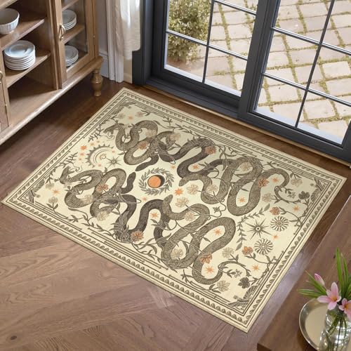 Snake Small Rug 2x3 Washable Door Mat Indoor Rugs for Entryway Non-Slip Gothic Witchy Fantasy Soft Low-Pile Thin Mat for Kitchen Bedroom Bathroom Beige