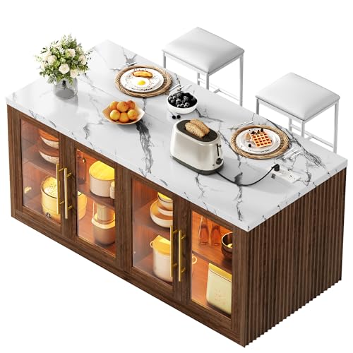 Homiflex Kitchen Island with Storage, 55" W Large Island Table with LED Light for Dining Room, Kitchen Carts on Wheels Breakfast Bar Table w/Power Outlet, Walnut