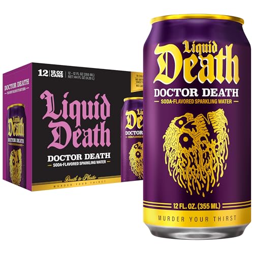 Liquid Death Soda-Flavored Sparkling Water - Doctor Death (Cherry, Cream, Spice), Less Sugar*, Huge Flavor, No Caffeine, No Artificial Sweeteners, 12 Fl Oz (Pack of 12)