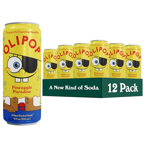 OLIPOP Prebiotic Soda Pop, SpongeBob Pineapple Paradise, Pantry Pack Packed with Prebiotics, Fiber, and Botanicals, Gluten Free, GMO Free, 12oz Skinny (12-Cans) (Packaging May Vary)