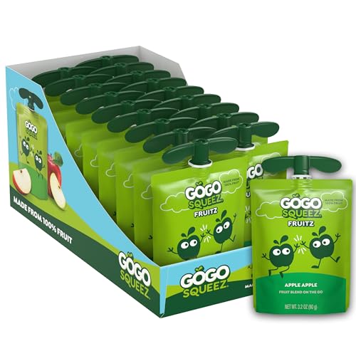GoGo squeeZ No Sugar Added Applesauce and Fruit Puree, Apple Apple, 3.2 oz Pouches (Pack of 18), Fruit Snacks for Kids, Gluten Free, Nut Free, Recloseable Cap, BPA Free