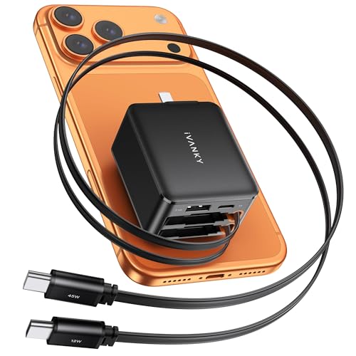 iVANKY Retractable USB C Charger, Smallest 4-in-1 GaN Wall Charger for Multiple Devices, 45W Charger Block with Dual Type C Cables, 4-Port Travel Adapter for iPhone 17/16/15/14 Pro Max,MacBook Neo