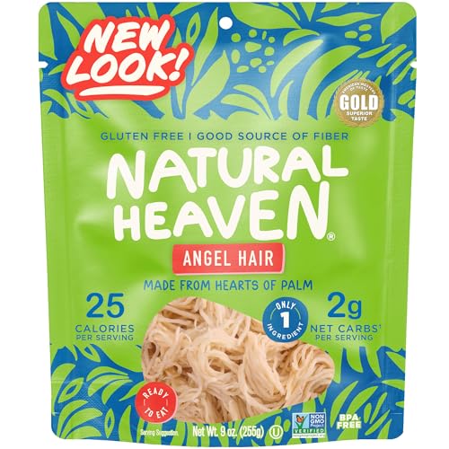 Natural Heaven Angel Hair Pasta, Hearts of Palm – Naturally Rich in Potassium, Low-Calorie Veggie Noodles, Keto & Gluten-Free Food, Vegan, 9 Oz Ea