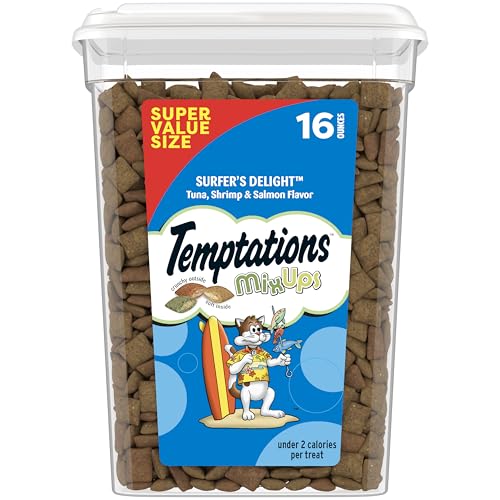 Temptations Cat Treats MixUps Surfer's Delight, Tuna, Shrimp, Salmon Flavor, Crunchy and Soft Cat Treats, 16 oz. Tub