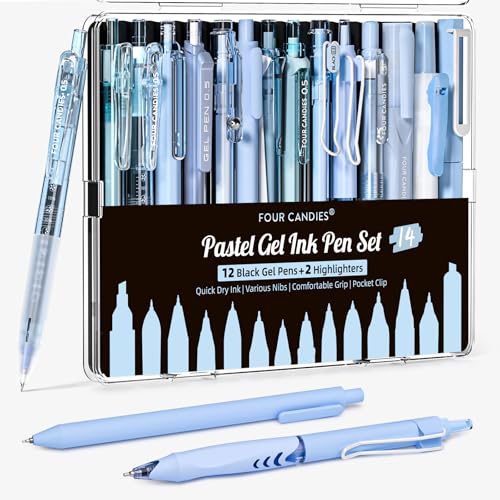 Four Candies Writing Ink Pens with Black & Blue Ink and 2Pack Highlighter, Retractable 0.5mm Smooth Fine Point Pens,Blue Pens for School,Office Girly Stationery Aesthetic Desk Accessories Set of 14