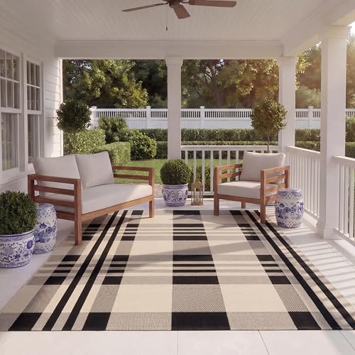 SAFAVIEH Courtyard Collection 8' x 11' Black/Bone CY6201 Plaid Indoor/ Outdoor Waterproof Easy-Cleaning Patio Backyard Mudroom Area-Rug