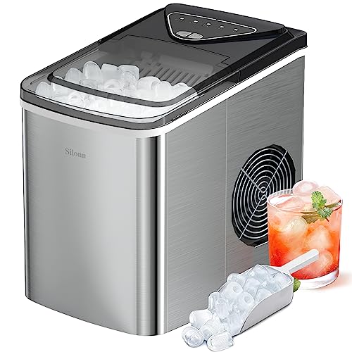 Silonn Countertop Ice Maker, 9 Ice Cubes in 6 Mins, 26 Lbs in 24 Hrs, Compact Ice Machine with Ice Basket & Scoop, 2 Ice Sizes Self-Cleaning Ice Maker for Home/Party/Office, Stainless Steel