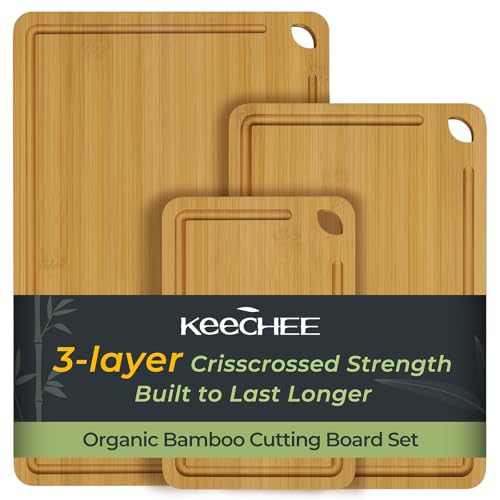 Keechee Wood Cutting Board for Kitchen - Reversible Bamboo Cutting Boards Gift Set of 3 with Juice Groove, Wooden Chopping Board for Meat, Fruit, Vegetables & Cheese (Pre Oiled, Natural)