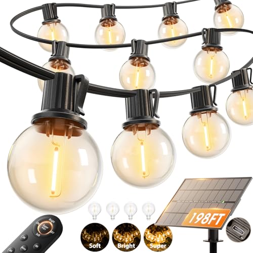 addlon 198FT(192+6) Solar String Lights Outdoor Waterproof, 60+4 LED Shatterproof Bulbs with Remote, 3 Light Modes, Dimmable, Timable, G40 Patio Lights for Large Backyard, Garden, Wedding Party Decor