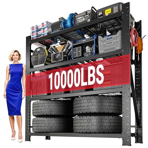 FLEXIMOUNTS Garage Shelving Heavy Duty, 49.6" W 4-Tier 10000LBS Industrial Shelving Unit with 4 Hooks, Adjustable Storage Shelves for Garage, Basement, Warehouse, 71" H x 49.6" W x 23.6" D