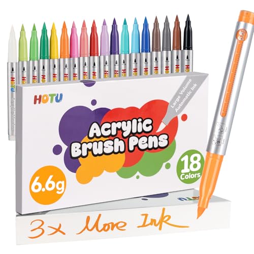 HOTU Long Lasting Acrylic Paint Markers Brush Tip 18 Colors, Automatic Ink Control Acrylic Markers for Adults Coloring Book No bleeding, Paint Pens for Rock Painting Fabric Wood Eggs DIY Crafts