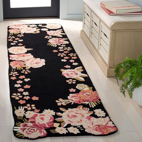 SAFAVIEH Jardin Collection Area Rug - 2'3" x 8' Runner, Black/Pink, Geometric Design, Ideal for High Traffic Areas in Living Room, Bedroom, Dining (JAR737Z)