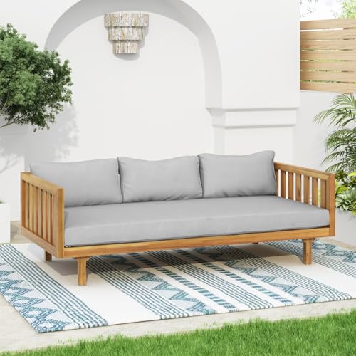 Merax Outdoor Acacia Wood Daybed, 3 Seater Day Bed Couch Sofa with Water Resistant Cushions for Patio Backyard, Garden Furniture, Light Grey