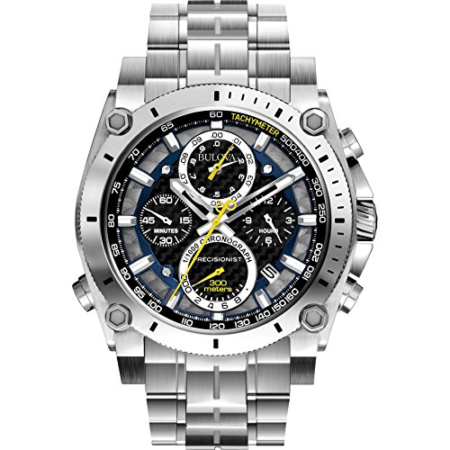Bulova Men's Precisionist in Stainless Steel with 8-Hand Chronograph Watch, Blue and Yellow Accents, Black Dial Style: 96B175