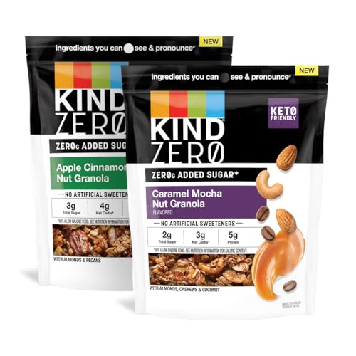 KIND Zero Added Sugar Granola Variety Pack, Gluten Free, Low Sugar, Keto Snacks, Apple Cinnamon Nut, Caramel Mocha Nut, 5g Protein, 8oz, 2 Count