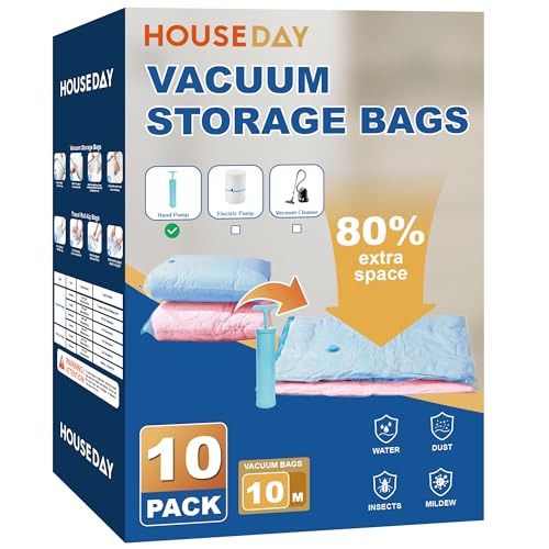 HOUSE DAY 10 Medium Vacuum Storage Bags with Pump,Space Saving Vacuum Seal Bags For Clothing Travel,Vacuum Storage Bags For Clothes, Bedding, Moving, Camping, Toys, Travel & Organization, Hand Pump