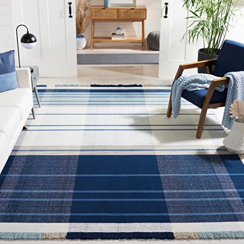 SAFAVIEH Striped Kilim Collection Area Rug - 9' x 12', Blue & Beige, Flat Weave Wool Design, Ideal for High Traffic Areas in Living Room, Bedroom (STK707M)