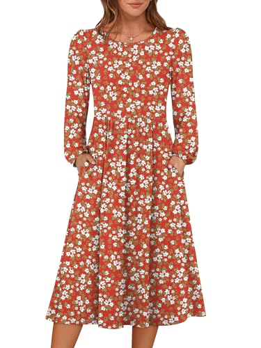 ANRABESS Women Long Sleeve Casual Midi Dress, Print Green White Floral, XL