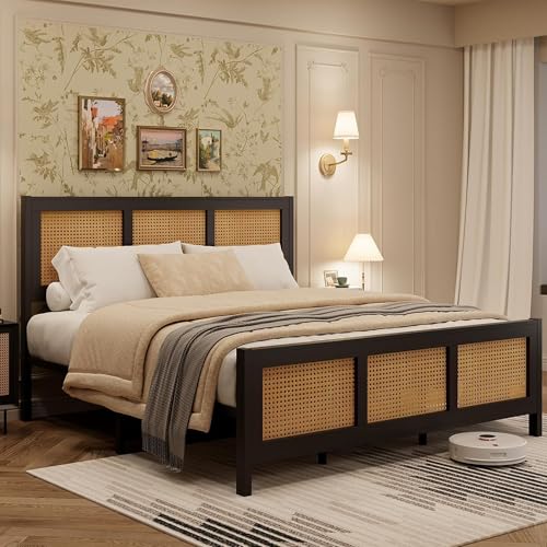 IDEALHOUSE Rattan Bed Frame with Headboard, Boho King Size Bed Frame with Strong Metal Slats Support, No Box Spring Needed, Noise-Free Design, Black