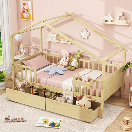 Giantex Twin House Bed with Drawers, Wooden Twin Bed Frame with Cube Storage & Fence Rails, Montessori Beds for Kids Boys, Girls, Bedroom, Living Room, No Box Spring Needed, Natural