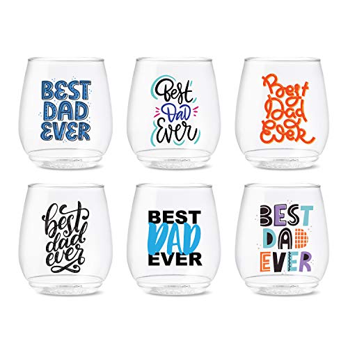 TOSSWARE POP 14oz Vino Best Dad Ever Series, SET OF 6, Premium Quality, Recyclable, Unbreakable & Crystal Clear Plastic Printed Glasses