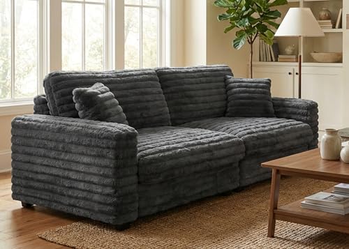 Leathaire Plush Corduroy Loveseat Sofa, Fluffy Love Seat Sectional Couch, Oversized Deep Seat Sofa with 2 Pillows, Apartment and Small Space Sofas, Dark Grey