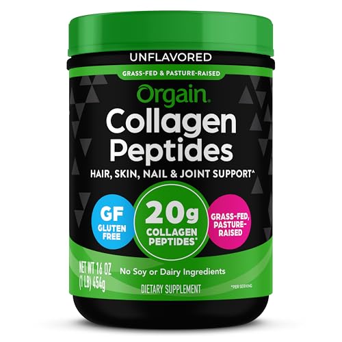 Orgain Hydrolyzed Collagen Peptides Powder For Women & Men, 20g Grass Fed Collagen, Unflavored - Hair, Skin, Nail, & Joint Support Supplement, Paleo & Keto, Non-GMO, Type I and III, 1lb