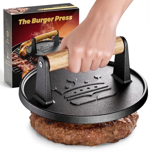 Basinel Smash Burger Press 6.5”, Cast Iron Flat Round Edge Grill/Bacon/Meat/Hamburger/Chef Press with Wood Handle, 1.74lb Hamburger Press Patty Maker, Nonstick Burger Smasher for Blackstone Griddle