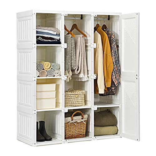 Tangkula Portable Closet Wardrobe, Foldable Clothes Organizer with Cubby Storage, Hanging Rods, Easy Assemble Clothing Storage with Magnet Doors, Folding Bedroom Armoire (8 Cubbies & 2 Rods)