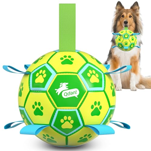 QDAN Dog Toys Soccer Ball - Durable Dog Balls with Strap for Medium Small Dogs, Puppy Birthday Gifts, Dog Tug Toy for Tug of War (8 Inch)