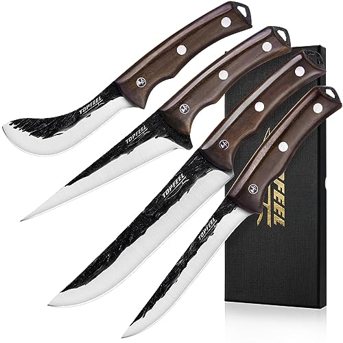 Topfeel 4PCS Hand Forged Butcher Knife Set - Slicing Knife,Boning Knife, Dividing Knives,Skinning Butcher Knives,High Carbon Steel Meat Cutting cleaver for Home Kitchen & Outdoor