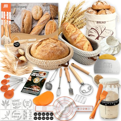 Acessorz Sourdough Bread Baking Supplies,Sourdough Starter Kit,2 Cotton Rope Banneton Proofing Basket,Bread Proofing Basket Making Tool Kit,Sour Dough Kit Tools,Baking Gifts for Women,Bakers,Wife,Mom
