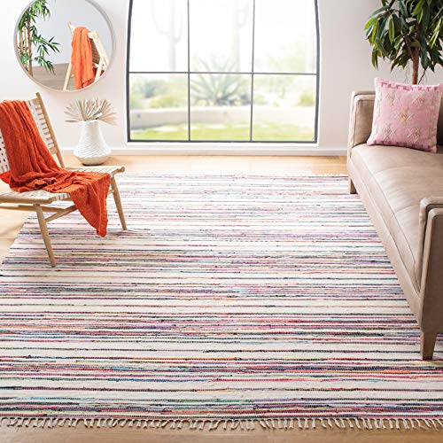 SAFAVIEH Rag Rug Collection Area Rug - 9' x 12', Ivory & Multi, Handmade Boho Stripe Cotton, Ideal for High Traffic Areas in Living Room, Bedroom (RAR126G)
