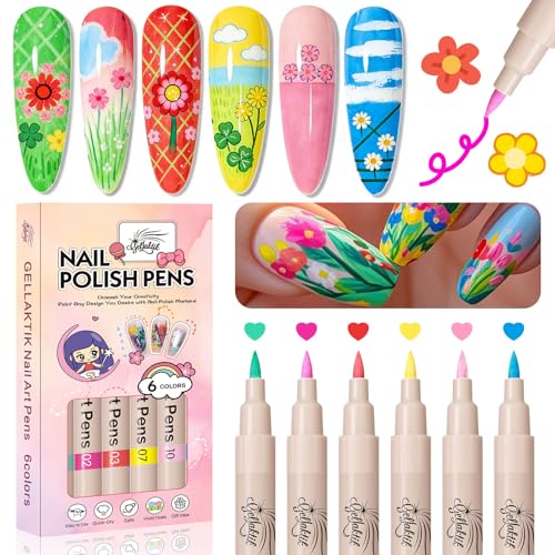 GELLAKTIK 6 Colors Nail Art Pens Set, 3D Nail Polish Pens Quick-Drying Acrylic Paint Markers, Dotting Liner Brush for DIY Nail Design, Home & Salon Manicure Tools