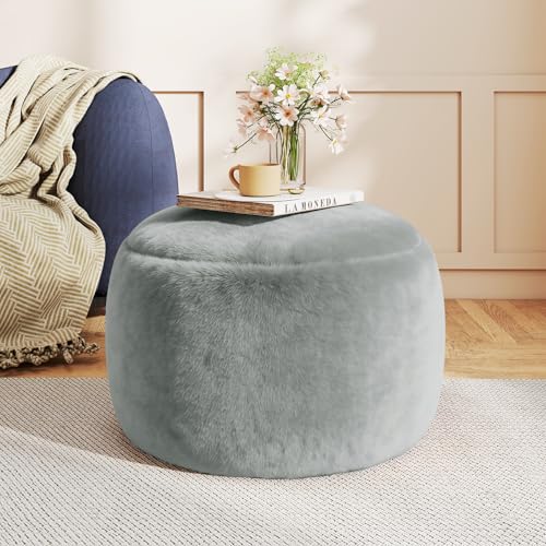 Round Stuffed Pouf Ottoman Foot Rest, Faux Fur Poufs with Memory Foam Filling, Ottomans for Living Room, Nursery, Dorm, Soft Foot Stool Ottoman for Couch, Perfect for Resting Your Feet (Grey, 20 Inch)