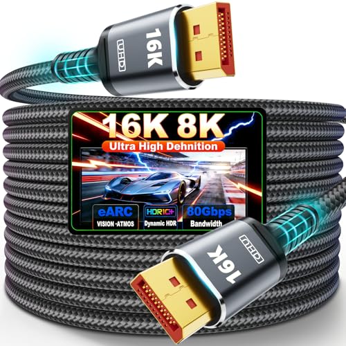 16K Displayport Cable 2.1, DP to DP Cable Available 1.5FT, 3.3FT, 5FT, 6.6FT, 10FT, 16FT, 20FT Lengths for Selection, 16K@60Hz, 8K@120Hz, 4K@240Hz 165Hz 144Hz Support 80Gbps HDR, HDCP DSC 1.2a (1.5FT)