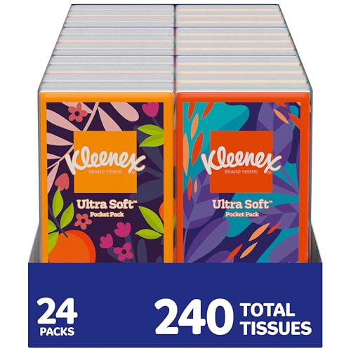 Kleenex On-The-Go Facial Tissues, 72 On-The-Go Packs (3 Trays of 24 Packs), 10 Tissues per Box (720 Total), 3-Ply, Packaging May Vary