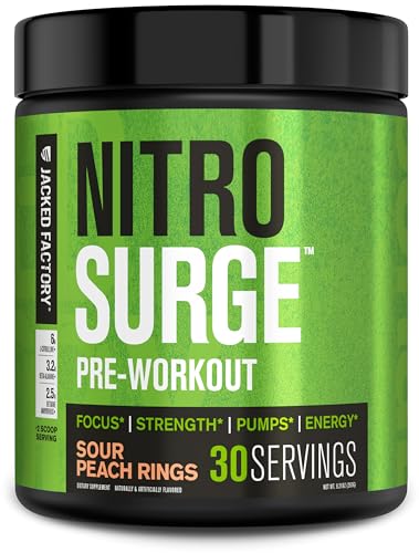 Jacked Factory NITROSURGE Pre Workout Supplement - Endless Energy, Instant Strength Gains, Clear Focus, Intense Pumps - NO Booster & Powerful Preworkout Energy Powder - 30 Servings, Sour Peach Rings
