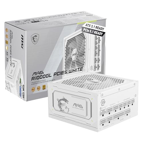 MSI MAG A1000GL PCIE5 White, Fully Modular Compact Gaming 1000W Power Supply, 80+ Gold, ATX 3.1 & PCIe 5.1 Ready, Native Dual-Color 12V-2x6 Cable, Low-Noise, Embossed Jacket Cables, 10 Year Warranty