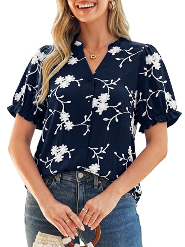 Simplee Womens Button Down Puff Ruffle Short Sleeve Blouse Tops V Neck Summer Embroidered Dressy Casual Shirts Navy Blue M